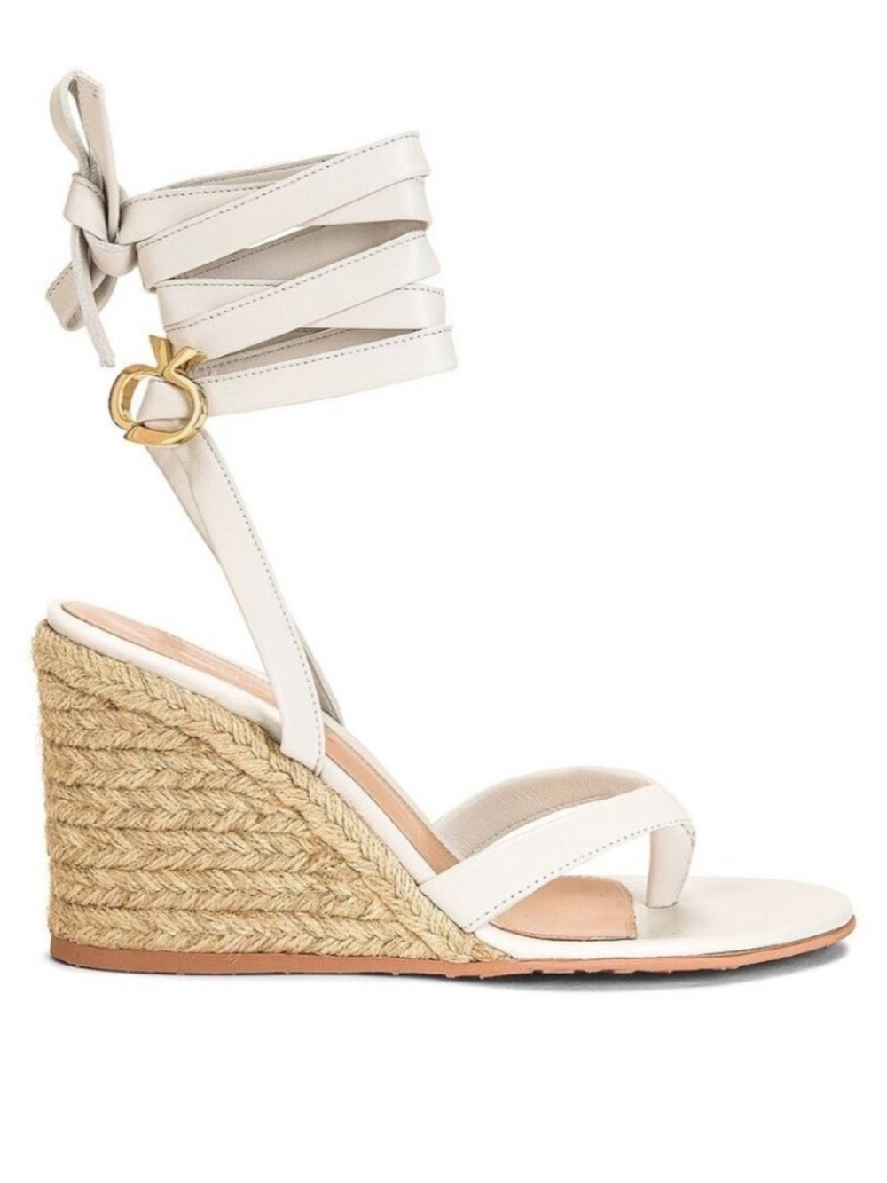 NWOT Gianvito Rossi White Leather Ribbon Espadrille Wedges with Gold Buckle - 6